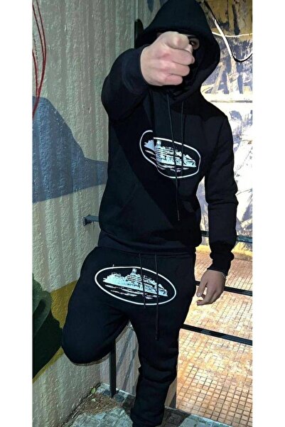CLASSY.MODA Unisex 3 Thread K Hooded Kangaroo Pocket Sweatshirt and Sweatpants Set Large Logo Printed