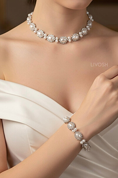 LIVOSH SET DE MIREASĂ 2 PIESE CU PERLE ȘI PIETRE PREȚIOASE, SET DE BIJUTERII ...