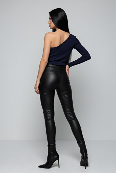 evolise Navy Blue One Shoulder Long Sleeve Ribbed Knit Women's Blouse