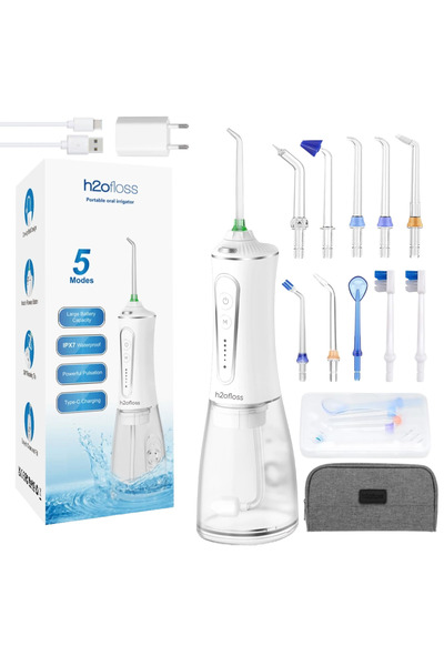 h2ofloss Professional Oral Irrigator for Mouthwash H2ofloss® Premium, 10 nozzles included, 2500 mAh battery