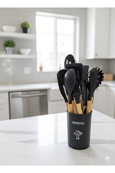 Kristal 12 Parça Spatula Seti Bambu Saplı Silikon Isıya Dayanıklı Yanmaz Yapışmaz