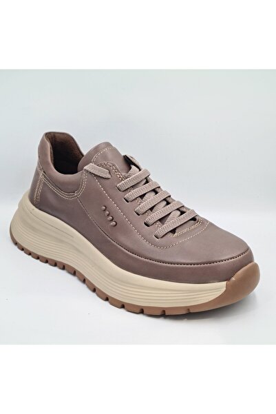 Mammamia D25Ka-3795 Mink Color Faber Genuine Leather Rubber Laced Women's Daily Casual Shoes