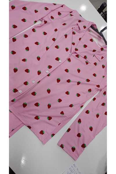 Manolya Milan Kumaş Pembe Çilek Desenli Önden Düğmeli Pijama Takımı