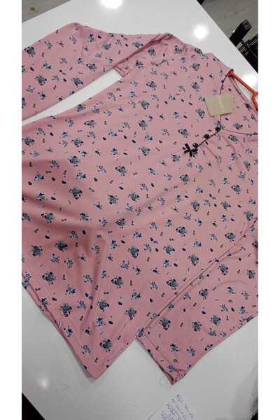 Manolya Pembe Çiçek Desenli Önden 3 Düğmeli milan soft kumaş Rahat Pijama Takımı