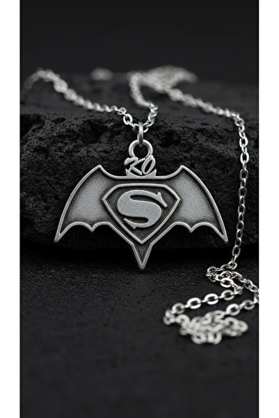 Alooya Batman Süperman Gümüş Kaplama Düz Zincir Kolye