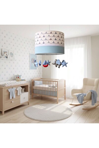 Leobabyroom Yelkenli Desenli Fil Yelken Yıldız Oyuncak Figürlü Mavi Bebek Çoc...
