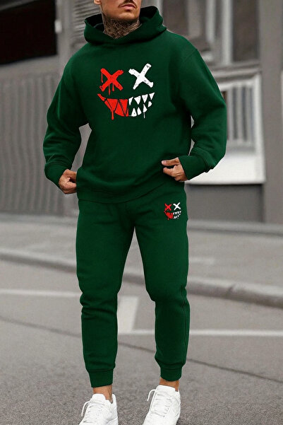 CLASSY.MODA Men's Hooded Tracksuit Set Smile Printed Oversized Kangaroo Pocket 3 Thread Raster