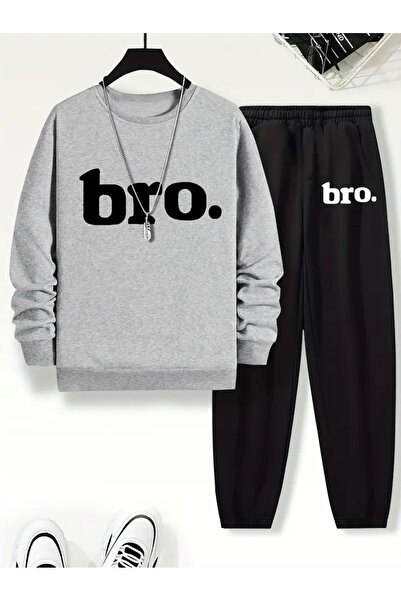 Massgai Unisex Bro Printed Cotton Crew Neck Top and Bottom Tracksuit Set