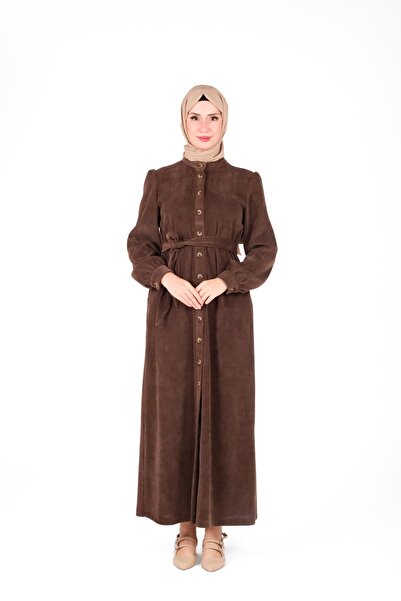 Beyza Πλεκτό καφέ φόρεμα με κουμπιά στο μπροστινό μέρος 9444