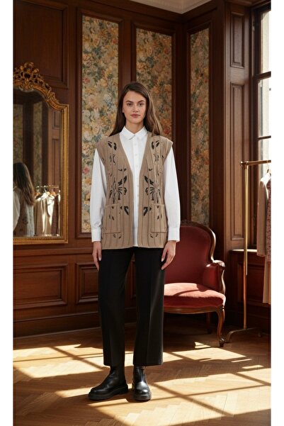 Uludağ Triko Floral Patterned Pocketed Knitwear Vest Sand +Shawl Gift