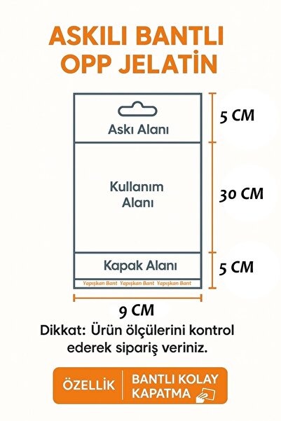 FATİHSAN Şeffaf Yapışkanlı Askılı Poşet 9X40 – OPP Ambalaj Jelatin (100 Adet)