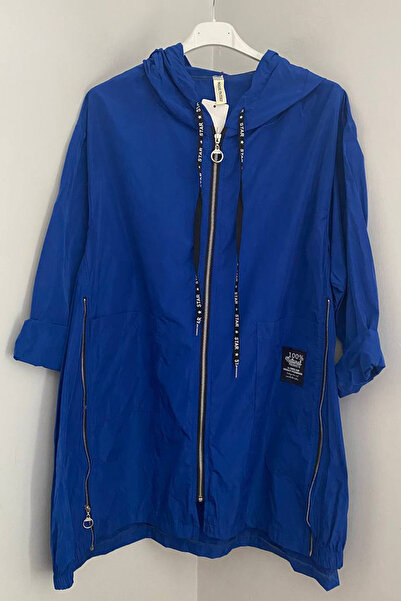 AYASOFYA OTANTIK Women's Italian Cobalt Blue Raincoat Windbreaker with Hooded Pockets and Side Zipper That Can Be Tightened