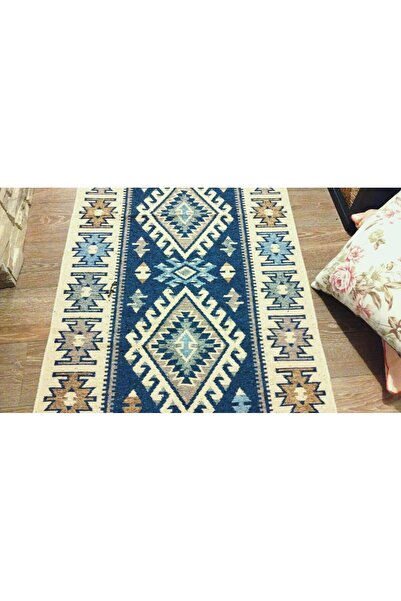 OEM Traditional woven double-sided rug, size 80 x 200 cm, blue and cream 001