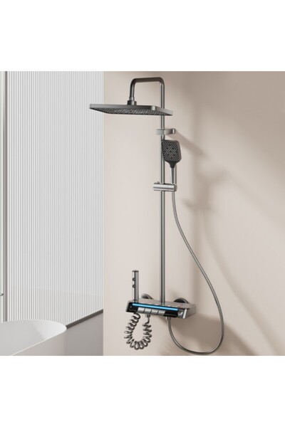 UNİBOX Set Coloana Dus Premium cu Termostat, Afisaj LED, 4 Functii Piano, Gri Grafit, Tip Ploaie