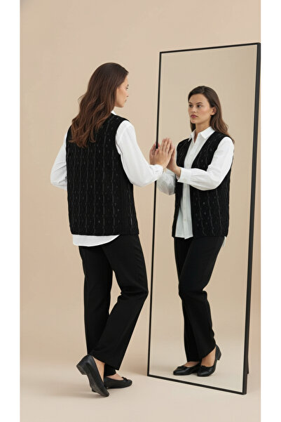 Uludağ Triko Silvery Twisted Pattern Vest Black + Shawl Gift