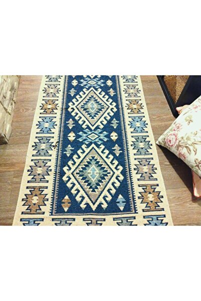 OEM Traditional woven double-sided rug, size 80 x 200 cm, blue and cream 001