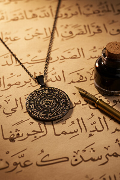 Storizaa Celcelütiye ve İsm-i Azam Vefk Yazılı Çelik Kolye Titanyum Renk Pasl...