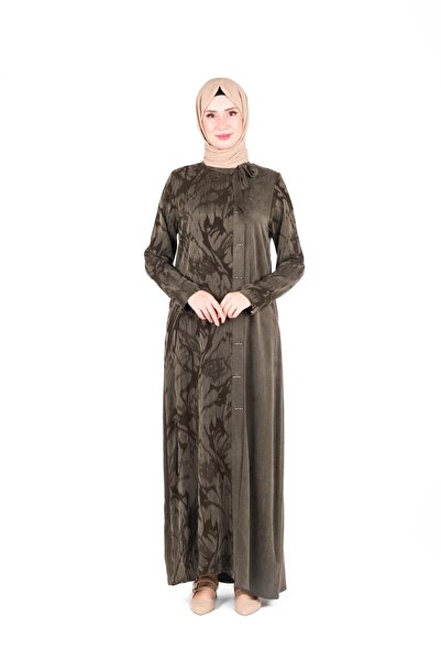 Beyza Self-Patterned Khaki Dress with Ribbon Detail on the Collar 9412