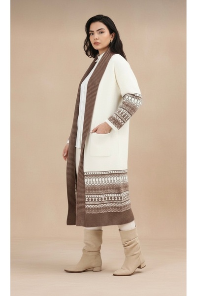 Uludağ Triko Shawl Collar Long Kimono Cardigan Ecru +Shawl Gift