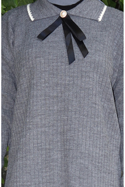 sefamerve Knitted tunic and pants set with ribbon detail - 1064-08 grey