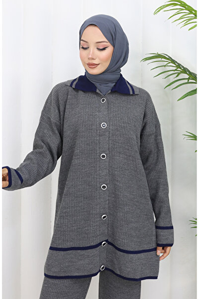 sefamerve Knitwear Polo Neck Buttoned Tunic Trousers Double Suit 1108-05 Gray