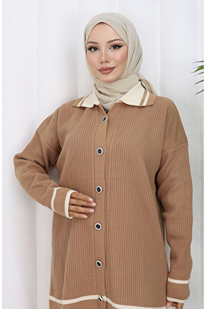 sefamerve Knitwear Polo Neck Buttoned Tunic Trousers Double Suit 1108-07 Milky Coffee