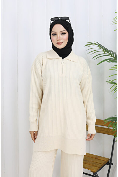 sefamerve Tricotaj Pantaloni tunică cu dungi cu fermoar Set dublu 1073-06 Bej