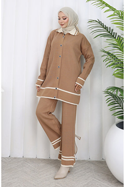sefamerve Knitwear Polo Neck Buttoned Tunic Trousers Double Suit 1108-07 Milky Coffee