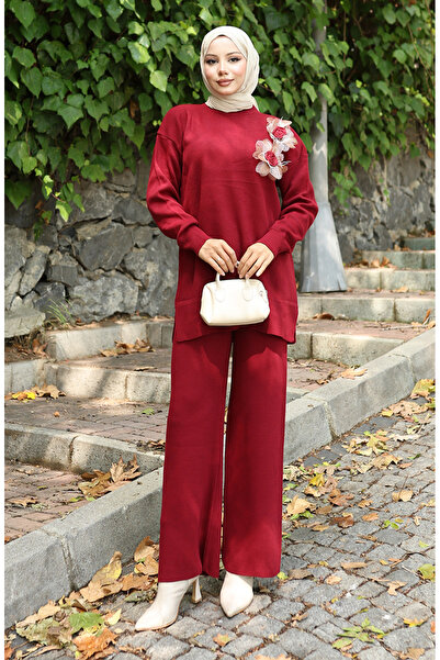 sefamerve Knitwear Rose Applique Tunic Trousers Double Set 1036-07 Claret Red