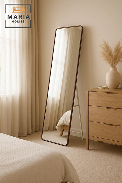 MARIA HOMES مرآة بإطار قهوة بطول كامل، مقاس 170×50، مرآة أرضية قائمة لتزيين غ...