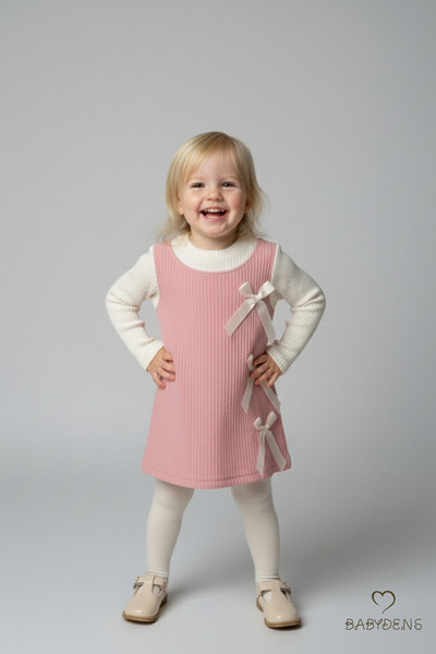 BABYDEN'S Girl's Corded Fabric Dress 100% Cotton, Long Sleeve, Bow, Soft Texture, Stylish Casual, Special Occasion Dress