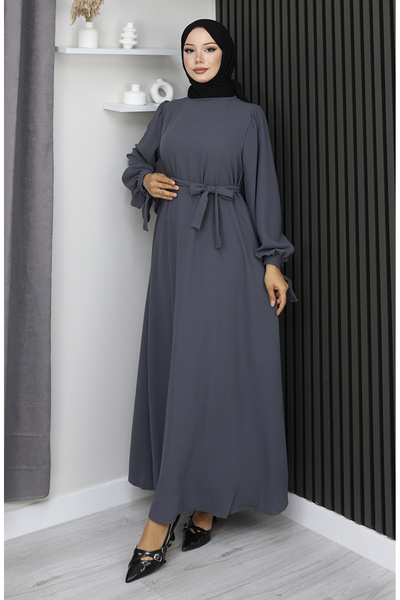 sefamerve Manşeti Bağcıklı Tesettür Elbise 7121-07 Füme