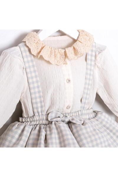 ministok Stella Lace Detailed, Gingham Patterned Baby Girl Salopet Skirt Set