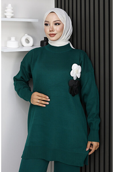 sefamerve Tricotaj Guler Tunica Pantaloni Set din doua piese 1015-08 Petrol