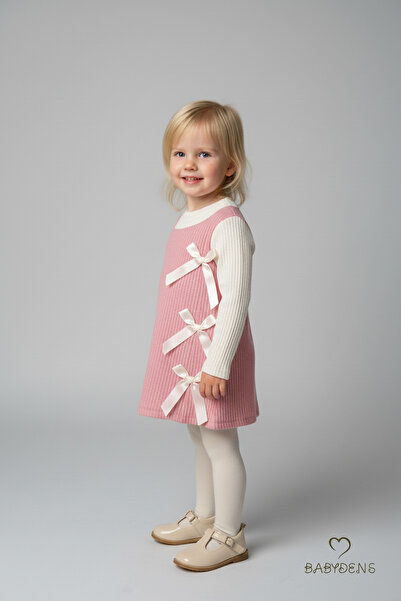 BABYDEN'S Girl's Corded Fabric Dress 100% Cotton, Long Sleeve, Bow, Soft Texture, Stylish Casual, Special Occasion Dress