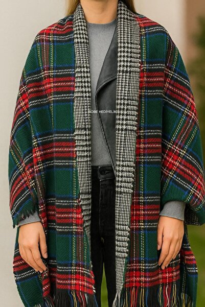 Sobe Hediyelik Green Wool Shawl – Double-Sided Plaid Pattern Thick Winter Shawl