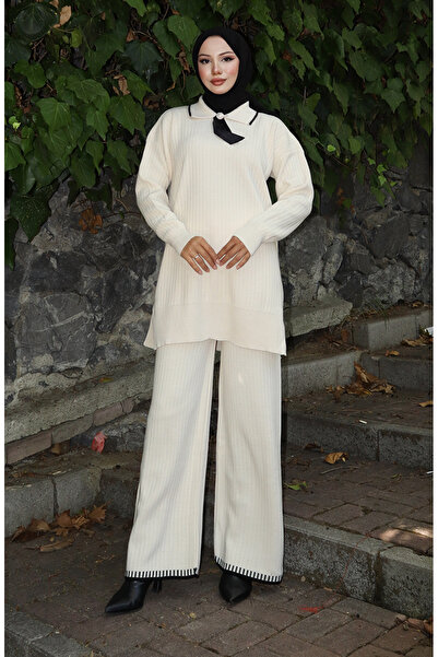 sefamerve Knitwear Ribbon Detailed Tunic Trousers Double Set 1064-03 Beige