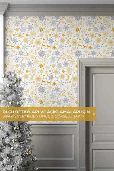 Pluswall Yeni Yıl Temalı Kendinden Yapışkanlı Duvar Kağıdı, Kar ve Parti Desenli Duvar Kağıdı