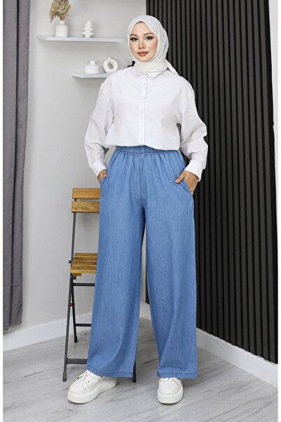 sefamerve Soft Textured Elastic Waist Jeans 7568-06 Light Navy Blue