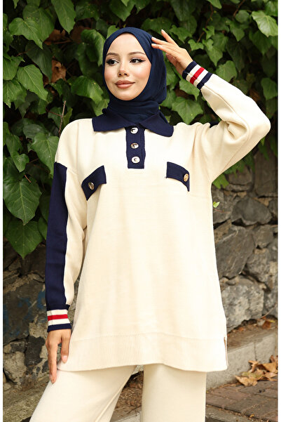 sefamerve Knitwear Polo Neck Tunic Trousers Double Suit 1048-02 Beige