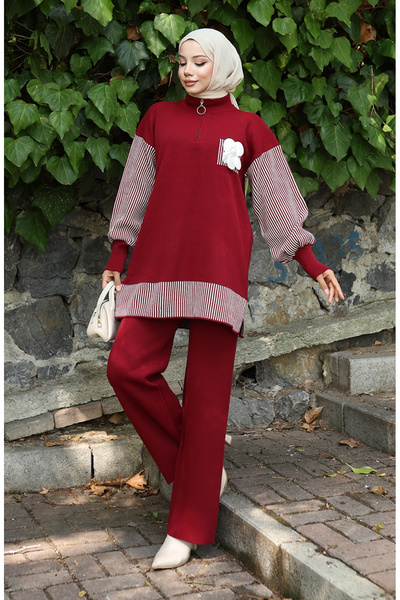 sefamerve Knitted floral appliqué tunic and pants two-piece set 1009-06 burgundy