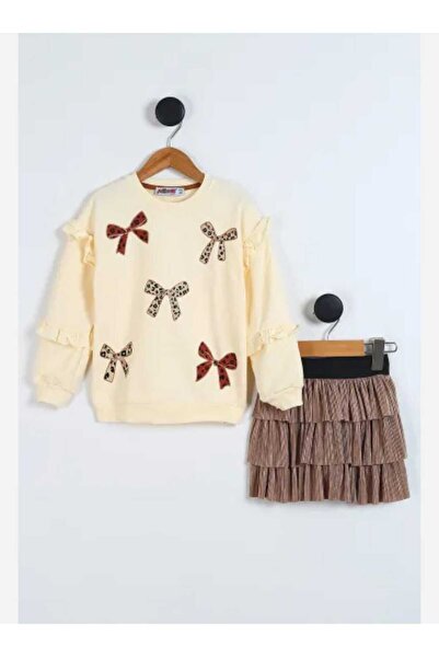 ALYA BUTİK طقم بناتي من أليا بوتيكس مكون من سترة منقوشة وتنورة بنية اللون مكشكشة