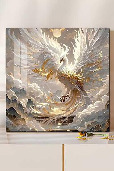 kutuTR 3D Görünümlü Temperli Cam Tablo – Altın Beyaz Anka Kuşu Temalı UV Baskı 33x33 cm-CTK110