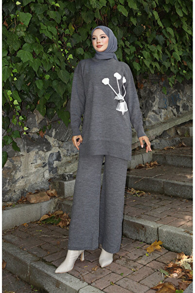 sefamerve Knitted rose detailed tunic pants double set 1030-01 gray