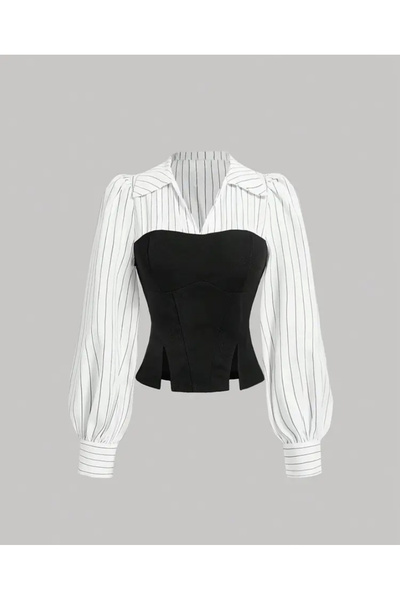 GZMBUTİK Beyaz Çizgili Şık Yaka Detaylı Vücuda Oturan Tasarım Gömlek