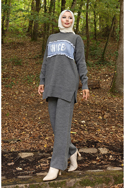 sefamerve Knitwear Jeans Paneled Tunic Trousers Double Suit 1094-03 Gray