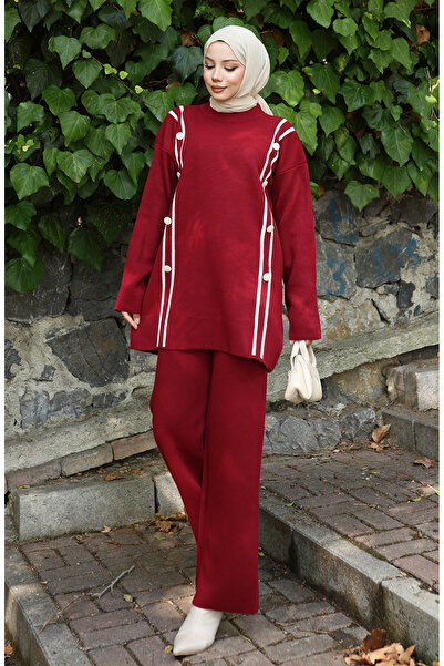 sefamerve Knitwear Buttoned Tunic Trousers Double Set 1128-05 Claret Red
