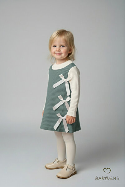 BABYDEN'S Girl's Corded Fabric Dress 100% Cotton, Long Sleeve, Bow, Soft Texture, Stylish Casual, Special Occasion Dress