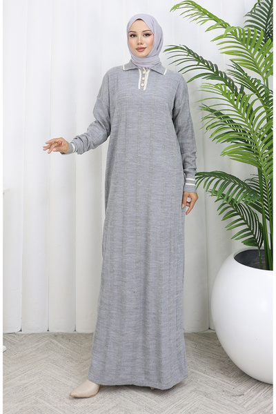 sefamerve Knitwear Polo Neck Buttoned Dress 1135-05 Gray