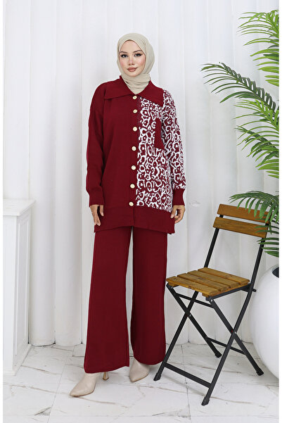 sefamerve Knitwear Paneled Buttoned Tunic Trousers Double Suit 1078-08 Claret Red